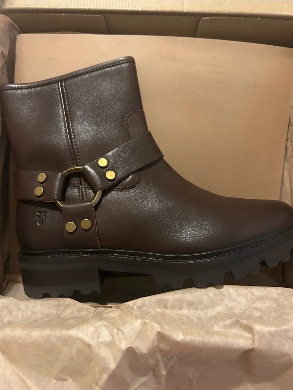 FRYE NWT Olivia Harness Short Boot - Dark Brown Women’s Leather Boot in box